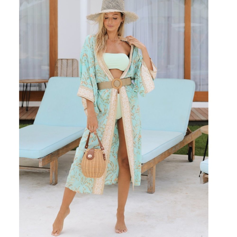 Boho Gypsy mint Floral Print Kimono Cover up - Picture 6 of 12